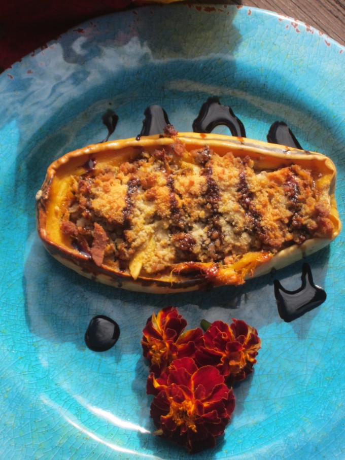 Delicata Squash with Savory Pork Stuffing and Balsamic Syrup