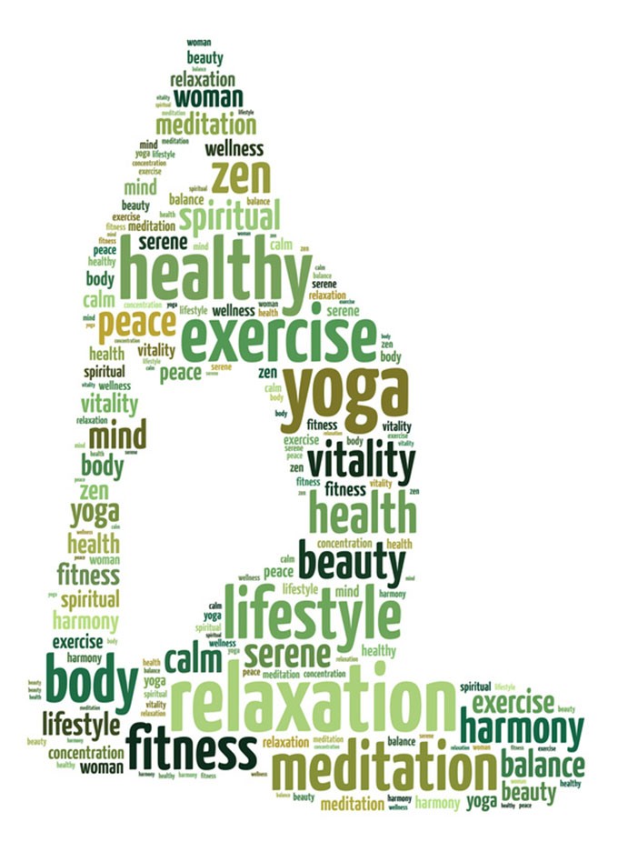 Words illustration of a woman doing yoga exercise over white background