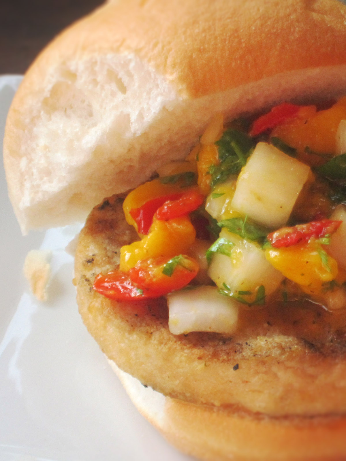 Grilled Mahi Burgers with Fresh Mango Salsa Close Up