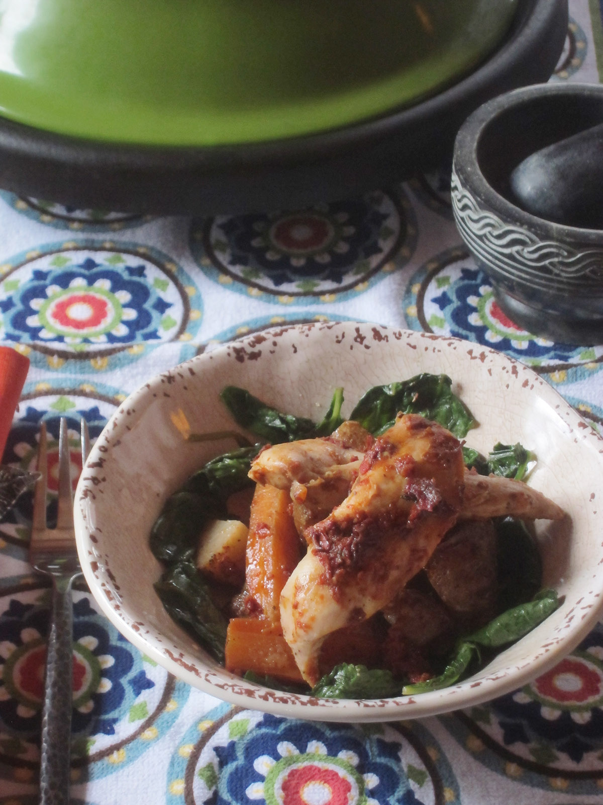 Chicken with Tomato and Pepper Paste Cooked in a Tagine 